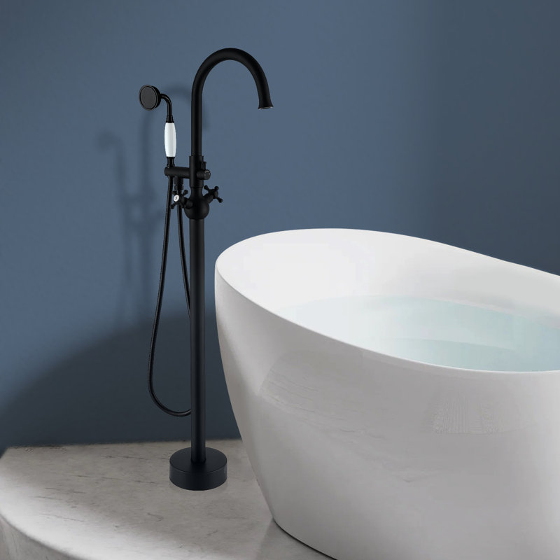 Topcraft Double Handle Floor Mounted Freestanding Bathtub Faucet Tub Filler with Handheld Shower, Matte Black, Matte Black