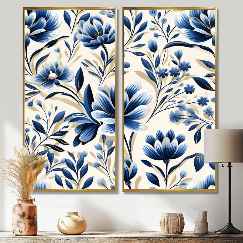 Grandes fleurs bleues et blanches damassées, H 32 po x l 32 po, Impression encadrée flottante, Doré