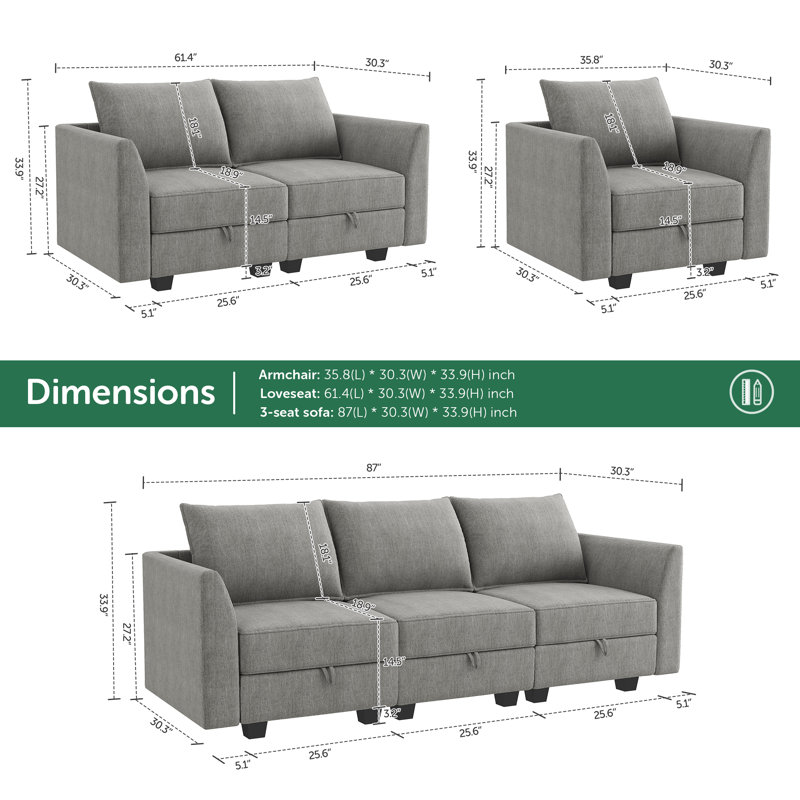 Nikitas 3-Piece Polyester Blend Sofa Set, Gray Polyester Blend