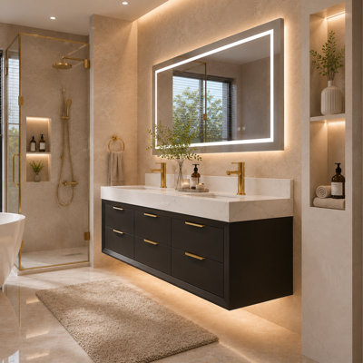 Lumino 60" Modern Wall Mounted Double Sink Bathroom Vanity with Engineered Stone Top, LED Light, 6 Soft Close Drawers
