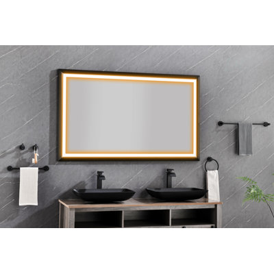 Miroir de salle de bain 60 po x 36 po à DEL avec cadre en aluminium, miroir de meuble-lavabo mural, anti-buée, mémoire, 3 couleurs, réglable en continu