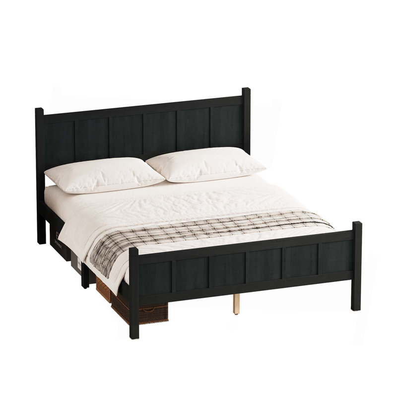 Flat Panel Bed with Headboard & Footboard,Minimalist Modern Platform Bed with Wood Grain Finish, Black, Queen