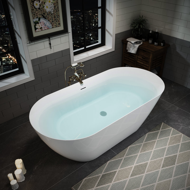 63" Acrylic Freestanding Bathtub, Deep Soaking With Stainless Steel Brackets, Non - Porous Finish For Maintenance With Integrated Overflow And Scratch Surface, Ideal Home Bathing