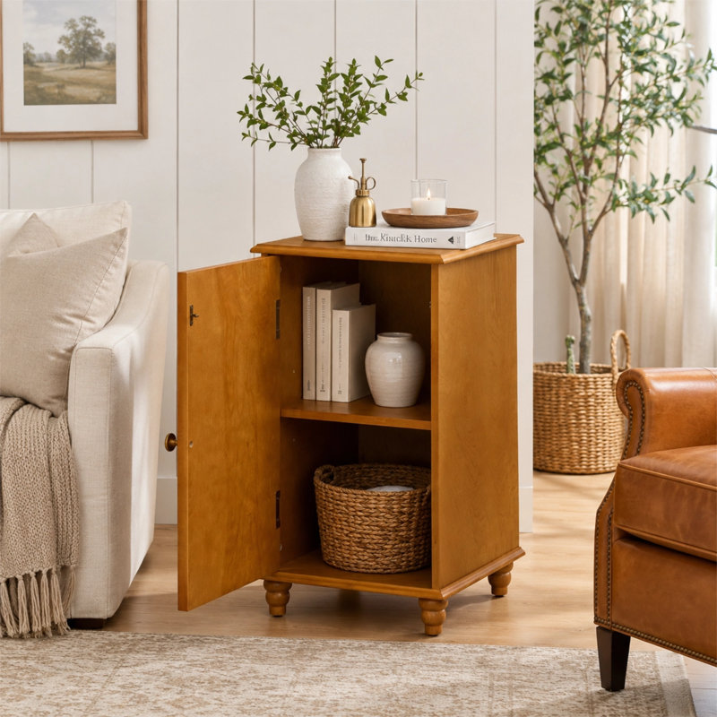 Meuble bas moderne de style milieu du siècle, de 27 pouces de hauteur, avec tablette réglable et pieds en bois massif., Noyer