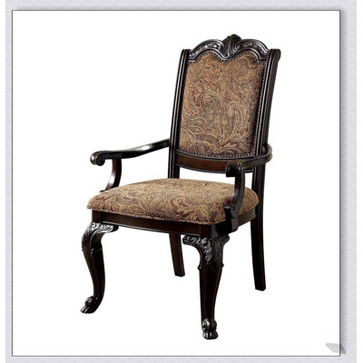Formal Set of 2 Padded Fabric Arm Chairs in Solid Wood with Brown Cherry Finish for Elegant Dining