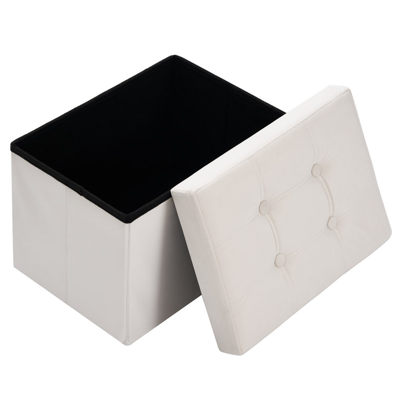 Folding Storage Ottoman Velvet Footstool, Cream