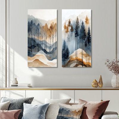 Ambre Brume Boisée I - Ensemble de 2 grandes décorations murales Forêt