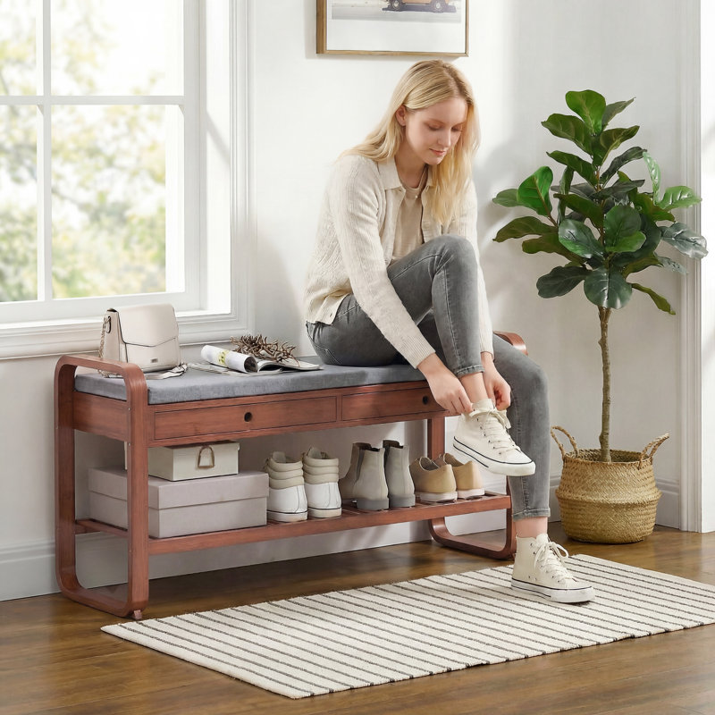 HOMCOM Shoe Bench with 2 Drawers 105 x 33.2 x 55 cm Dark Brown and Grey