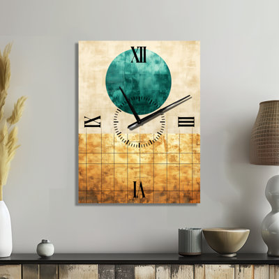 Horloge murale verte de style milieu du siècle - Soleil turquoise sur grilles dorées I
