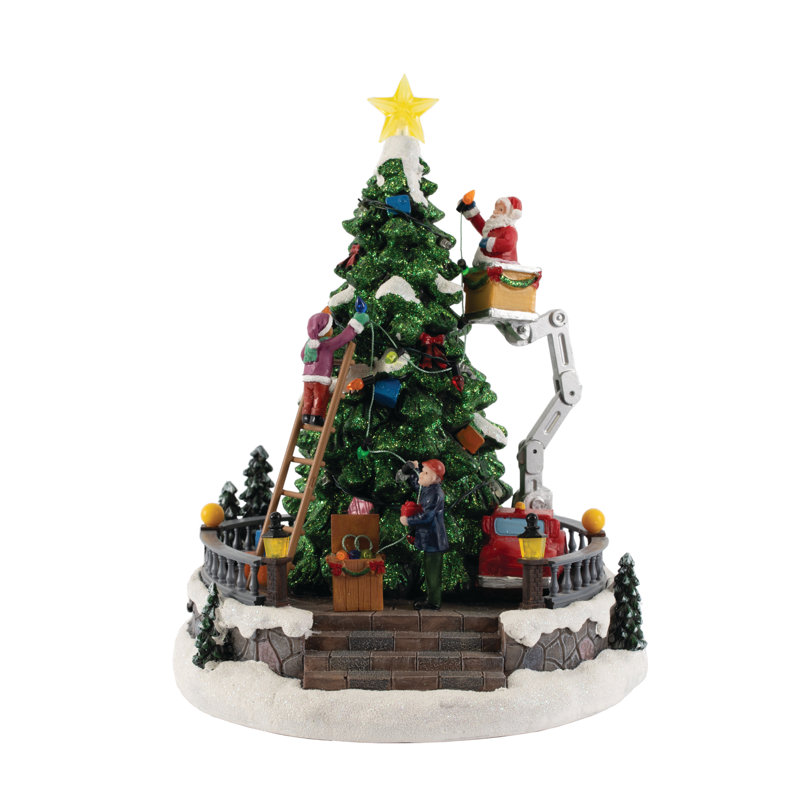 Accessoire de village de Noël animé - Père Noël décorant un arbre sur une grue