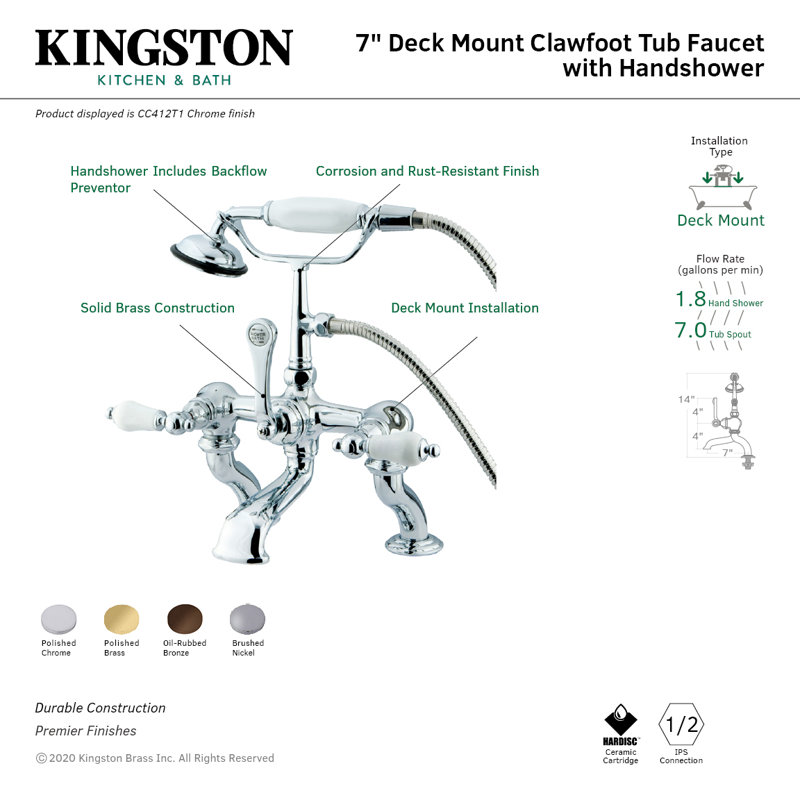 Kingston Brass Vintage Three-Handle 2-Hole Deck Mount Clawfoot Tub Faucet with Hand Shower, Polished Chrome