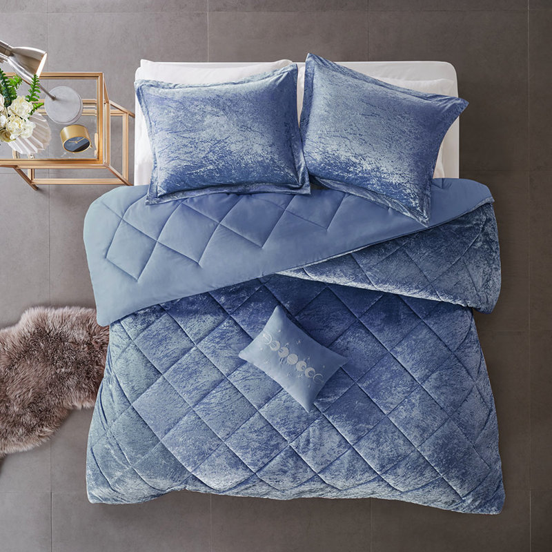 Édredon en velours bleu pervenche pour très grand / très grand lit, Édredon très grand et 3 pièces supplémentaires, Bleu