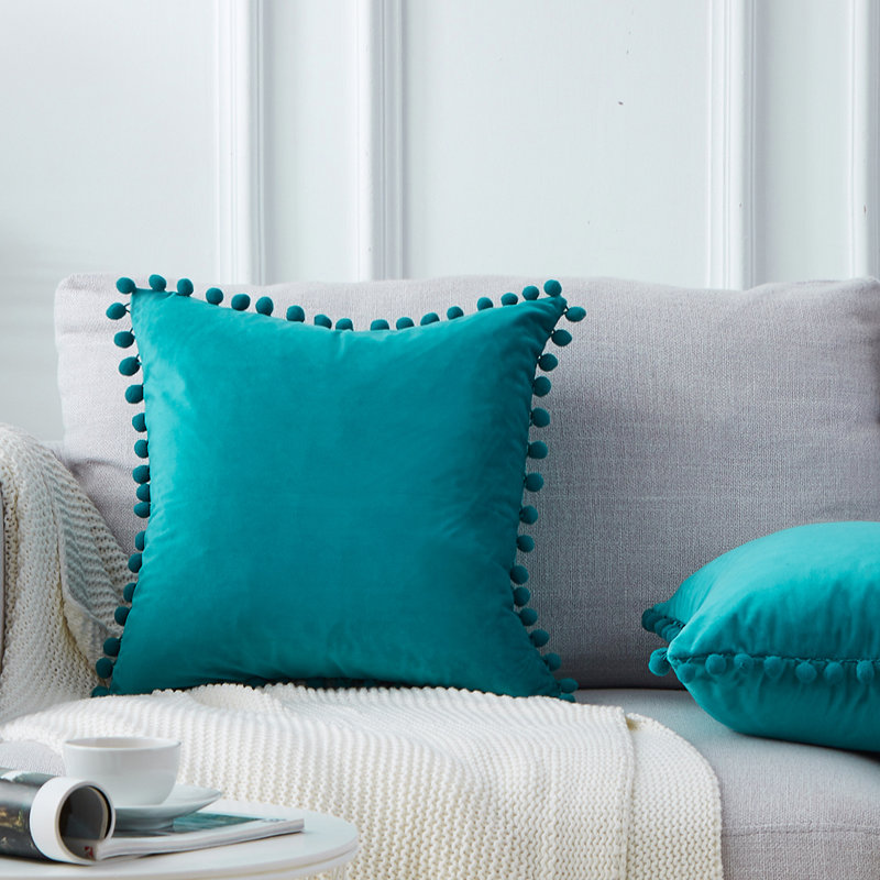 Housse de coussin Pom Pom, Turquoise, 18 po x 18 po