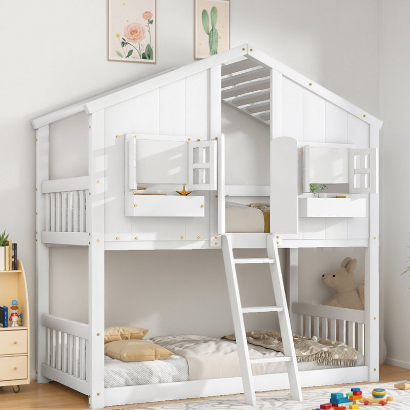 Kids Imaginative Playhouse Bunk Bed with Ladder and Safety Guardrails Safe Sleep, White
