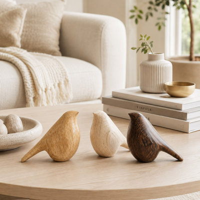 Natural Wood Bird Figurines Set of 3