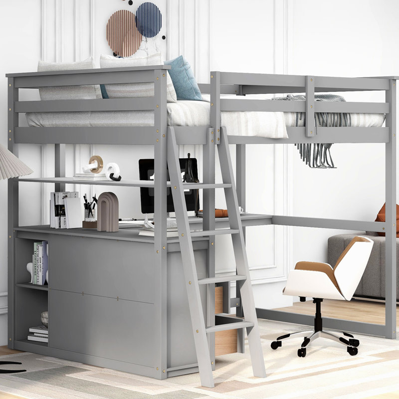 Lit mezzanine double avec bureau, tablettes et cadre gris - Construction en bois de pin pour une chambre à coucher fascinante