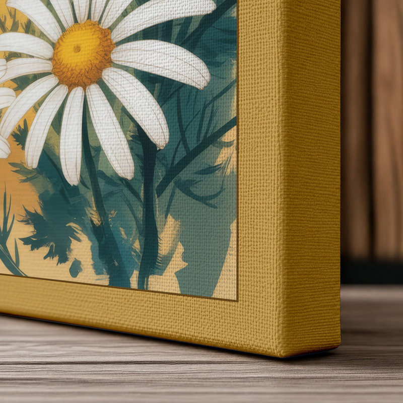 Daisies with Calligraphy Japandi - Wrapped Canvas, 24x16 - 61.0 x 40.6 cm, Ochre Border