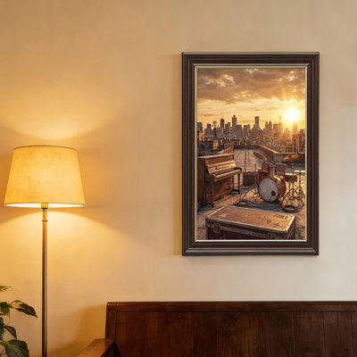 «Piano and Drum Set on Rooftop Golden City Skyline At Sunset», art mural sur toile