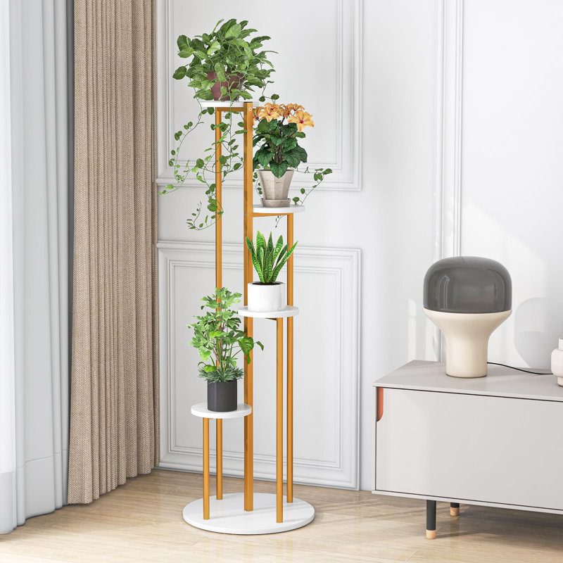 Indoor Metal Plant Stand Tall Corner Plant Shelf For Potted Plant, White/Gold