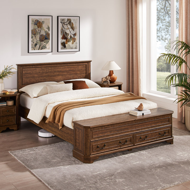 Farmhouse Queen Bed With 64" Tall Storage Headboard With 4 Drawers And Storage Bench，Rustic Wood Platform Bed Frame, Brown
