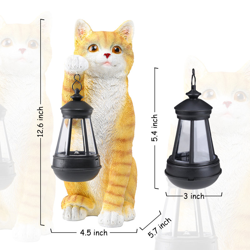 Statue d'extérieur, statue de jardin de chat tigré orange avec lanterne solaire - Décoration en résine réaliste pour le patio, la pelouse et les espaces extérieurs