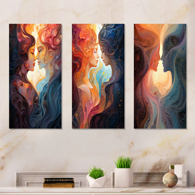 Ink Fusion Couple Kiss Romance I - Romantic Portrait Canvas Art Print Set Of 3