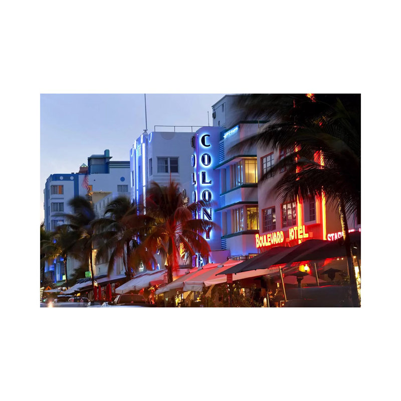 Hotels Lit Up At Dusk In A City, Miami, Miami-Dade County, Florida, USA - Wrapped Canvas Print, 20.32 cm H x 30.48 cm W