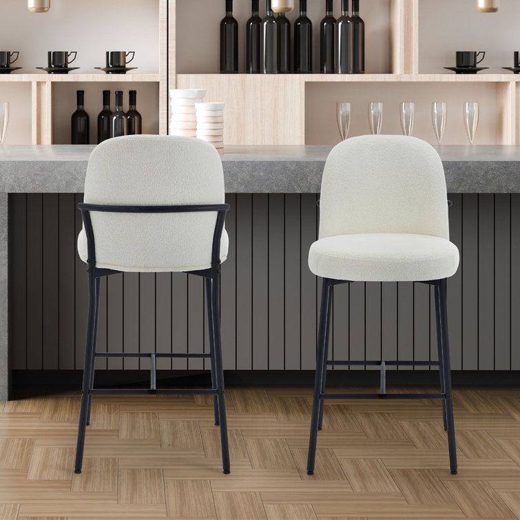Modern Counter Height Bar Stools Set of 2, 28 Inch Sherpa Boucle Upholstered Bar Stools with Back, 18" Seat Wide Island Stools with Black Metal Frame for Kitchen Counter/Breakfast Bar