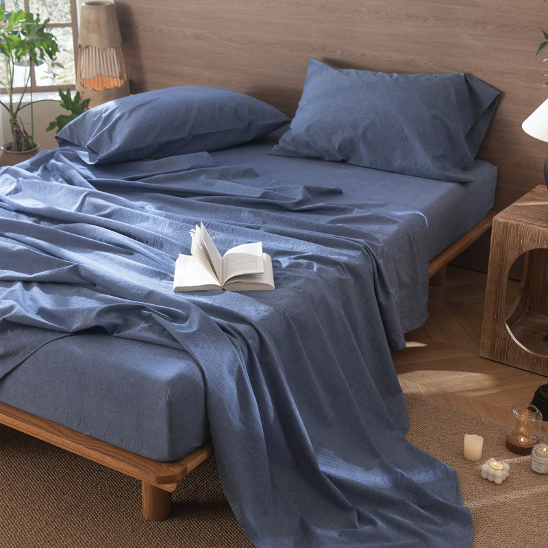 Drap plat 100% coton lavé MooMee, Bleu denim, Drap plat de taille très grand
