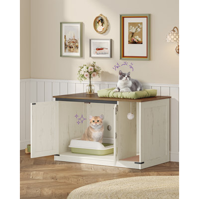 Enceinte de litière pour chat, meuble pour litière cachée avec cloche, maison de chats d'intérieur, style maison de campagne, 39,4 x 21,7 x 24,8 po pour le couloir, la chambre à coucher, brun rustique et blanc