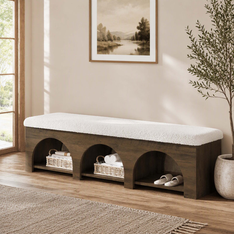 Banc d'entrée rembourré de 160 cm, banc à chaussures à 2 niveaux avec coussin et tablette de rangement