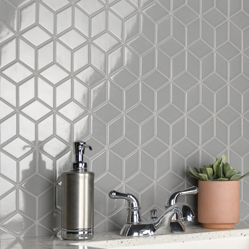 Metro Rhombus 10-1/2 " x 12-1/8 " Porcelain Mosaic Floor & Wall Tile, Glossy Light Gray