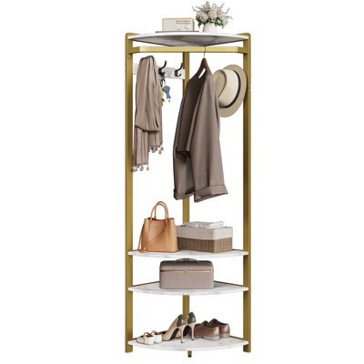 Portemanteau semi-circulaire pour vestibule de coin - 6 crochets doubles, banc à chaussures et 4 tablettes de rangement