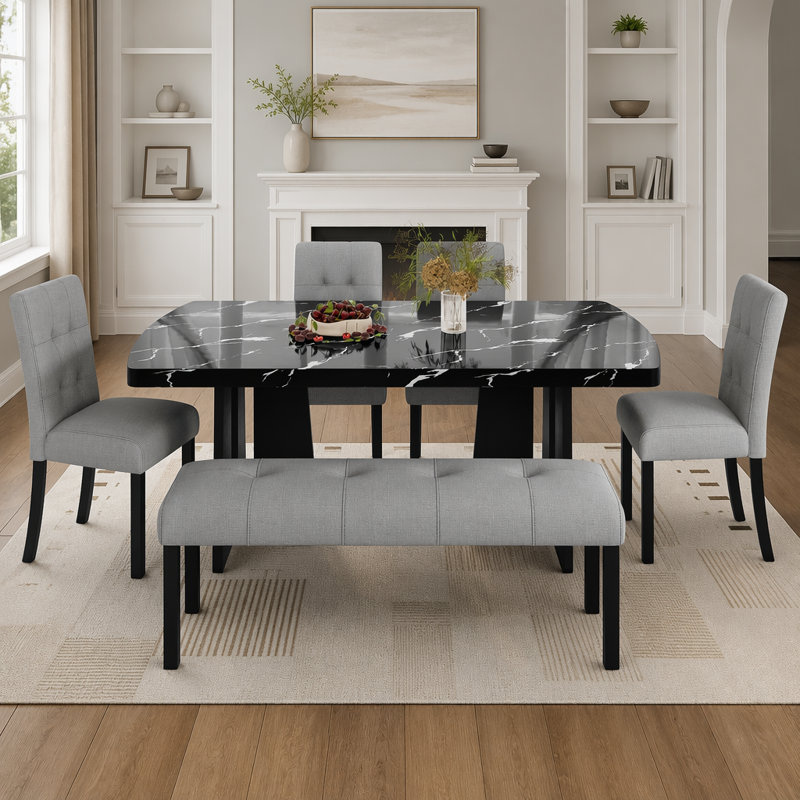 Ensemble de salle à manger 6 pièces moderne en faux marbre avec pieds géométriques, 4 chaises rembourrées et 1 banc, facile à assembler, noir et gris