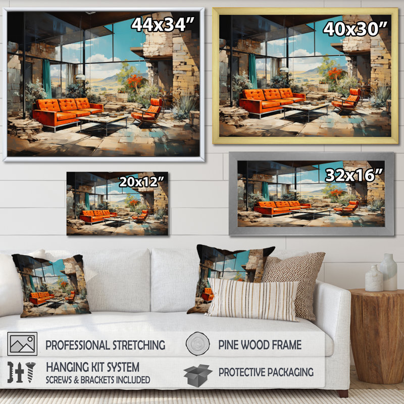 Corail beige Mid-Century audacieux et encadré sur toile, H 24 po x l 32 po x P 1 po, Cadre flottant doré