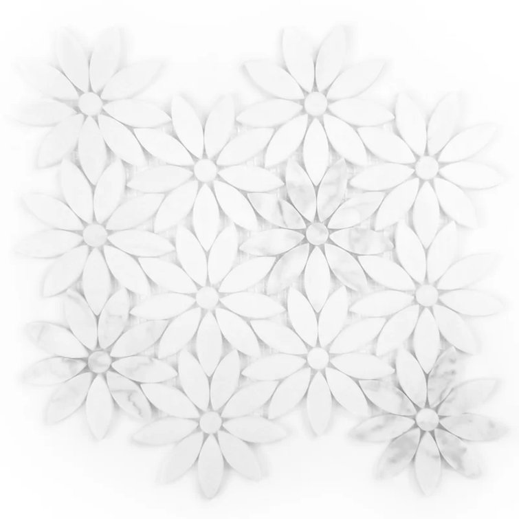 12” x 12” Carrara White Daisy Flower Mosaic Marble Tile Sheets Polished