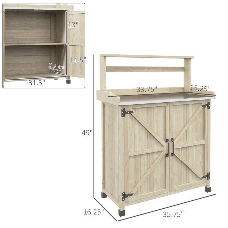 Établi pour rempotage avec rangement, plateau galvanisé, bois pour la cour, jardin, balcon, surface de table naturelle, patio stable, pelouse,