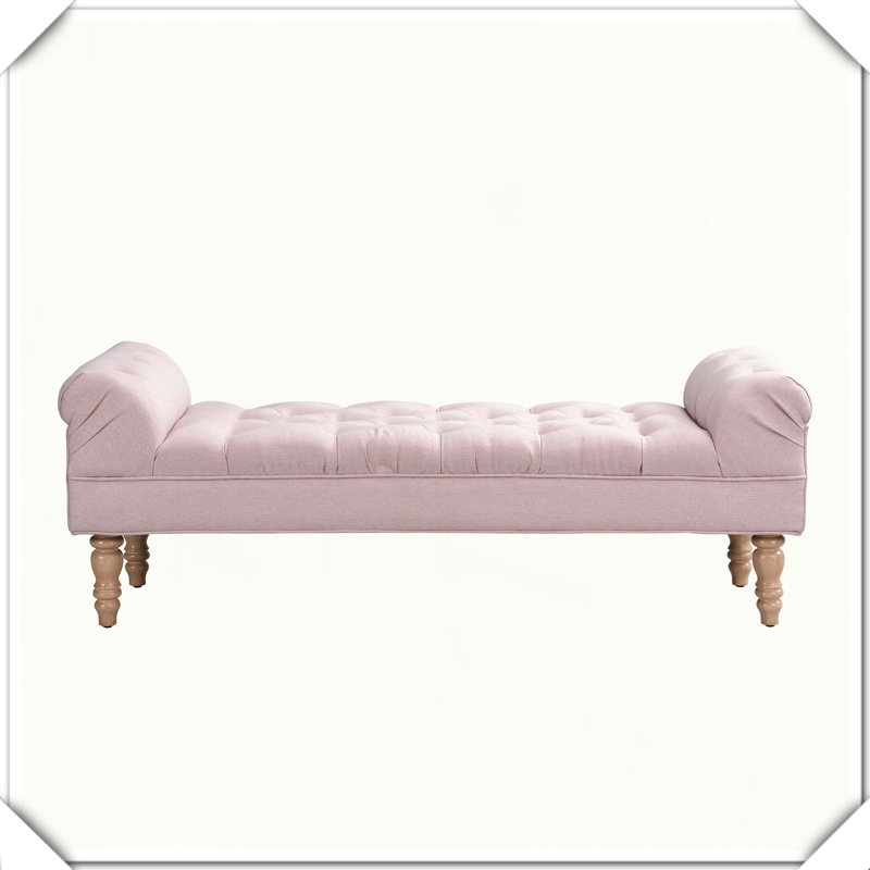 Button-Tufted Upholstered Ottoman Bench Rolled Arms Foot Rest Practical Durable Stylish Functional, Pink, Natural