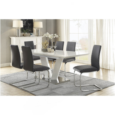 Modern Contemporary 7pc Dining Set White High Gloss Finish Table w Extension Leaf V-shaped Support Gray faux Leather Upholstered Chairs Diamond Pattern Stitching Luxury Furniture Set