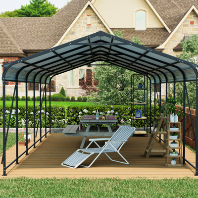 Abri d'auto robuste 12 X 32 Ft avec toit et cadre en acier galvanisé, 4 supports de tubes carrés inclinés fixes, pour voitures, camions, bateaux, espace de rangement extérieur spacieux, abri barbecue, lieu de rassemblement,