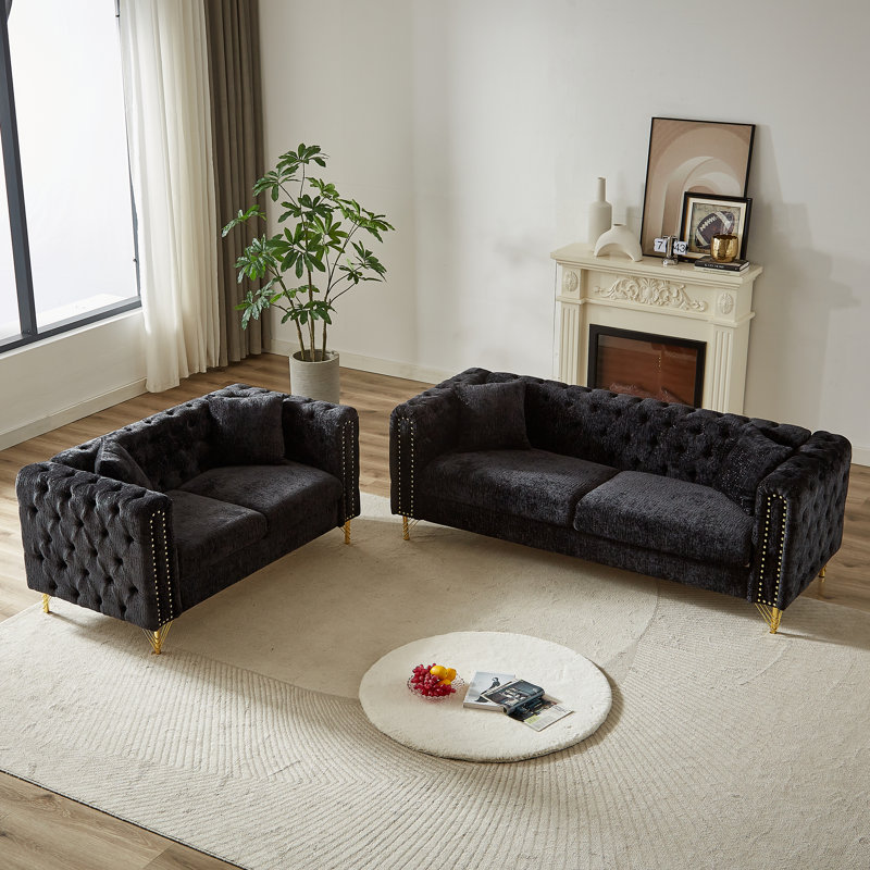 Anakin Chenille Upholstered Sofa Set with Button-Tufting, Black