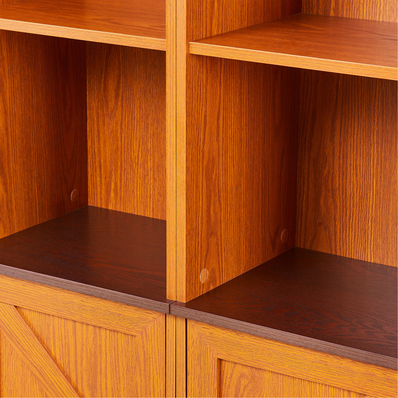 Armoire de rangement combinée 3 en 1 Farmhouse, bibliothèque en panneau de fibres à densité moyenne à grain de bois 3D, casiers de présentation ouverts et armoires fermées avec tablette réglable, bibliothèque librement combinable pour le bureau d'étude du salon