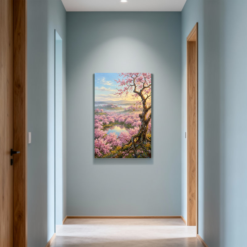 Plantes et fleurs de cerisier en fleurs avec arbre et lac, H 36 po x l 24 po