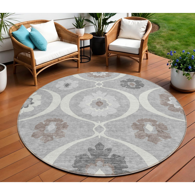 Tapis intérieur lavable rond gris anthracite et brun 8 pi Medallion