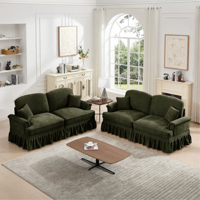 Ensemble de salon modulaire classique 2 pièces, canapé 2 places et causeuse 2 places, accoudoirs évasés, jupes plissées à volants amovibles, pieds fuselés, vert