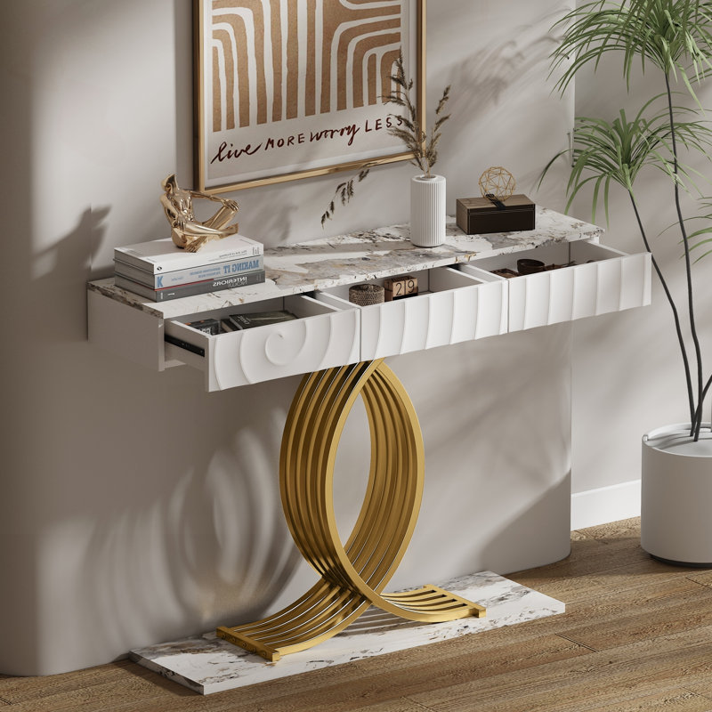 Table d'entrée 47,3 po avec 3 tiroirs Water-Ripple et base géométrique dorée, Blanc / blanc + or, Blanc, Blanc et or