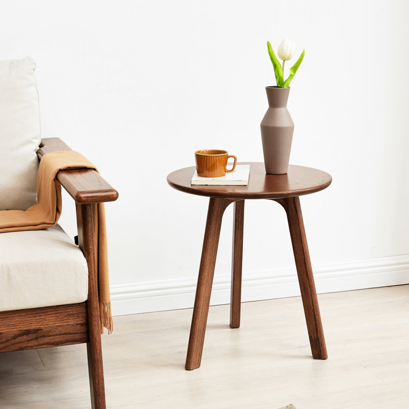 Table de bout de salon, table basse ronde et fonctionnelle en bois massif, table de chevet de chambre à coucher, table en noyer 100% chêne pour la chambre et balcon