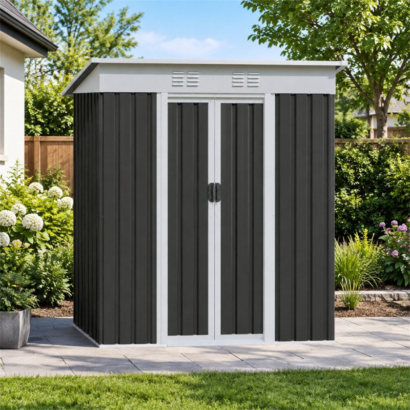 5 x 3 ft Metal Garden Shed with Sliding Door and Pent Roof, Galvanized Steel Outdoor Storage Shed for Backyard Patio, Grey