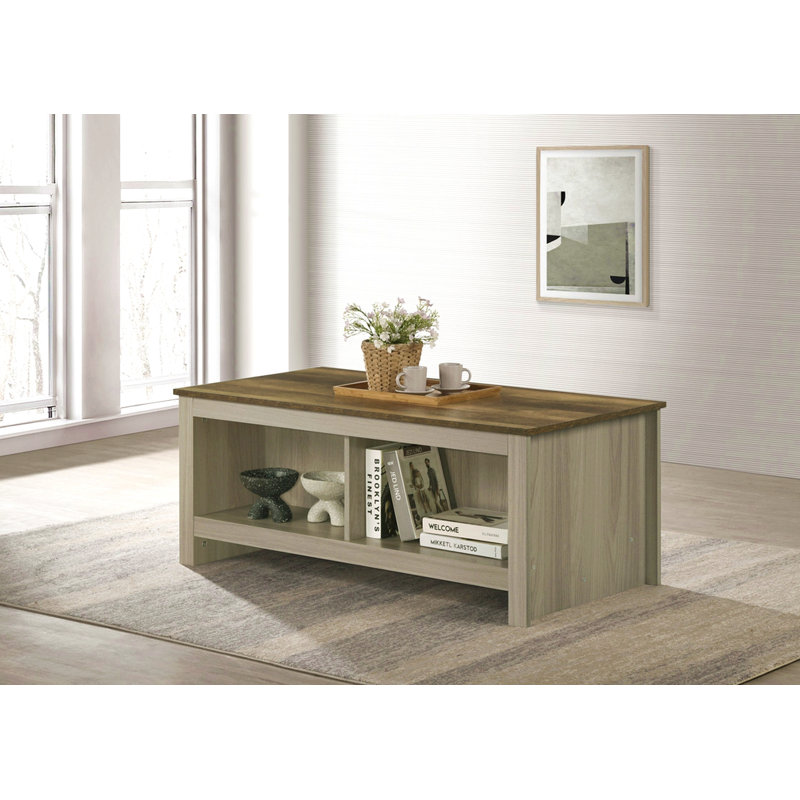 Table basse avec tablettes ouvertes à l'avant et à l'arrière
