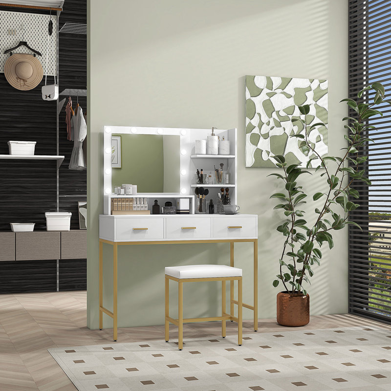 Coiffeuse, coiffeuse avec miroir à DEL et rangement, Blanc